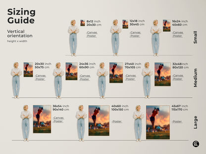 Sizing guide for golf art prints. Vertical orientation in various sizes. Options available in canvas or poster print. Small medium and large sizes. Find the perfect fit for your wall decor. Golf art to enhance your space today. Perfect for sports fans
