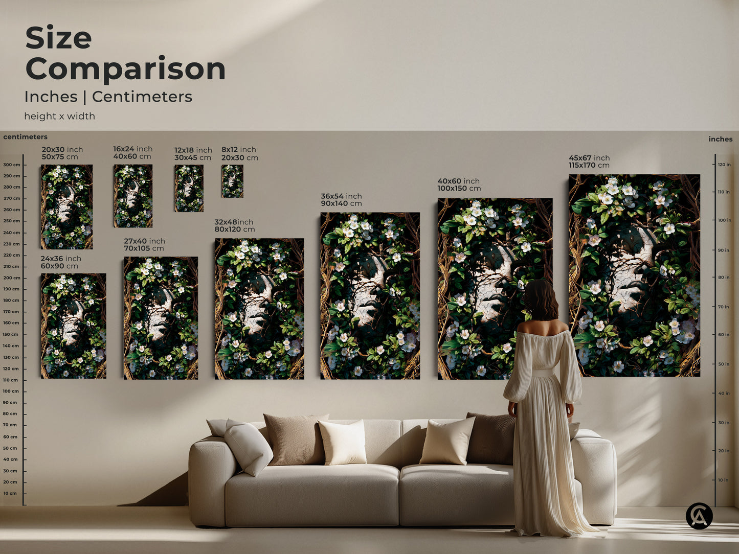 Size comparison for our Botanical Face Art Print. See how the different sizes fit above a couch. The sizes range from small to extra-large canvas. Perfect for adding a surreal and gothic touch to any room.