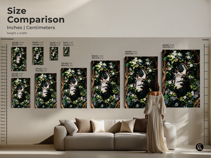 Size comparison for our Botanical Face Art Print. See how the different sizes fit above a couch. The sizes range from small to extra-large canvas. Perfect for adding a surreal and gothic touch to any room.