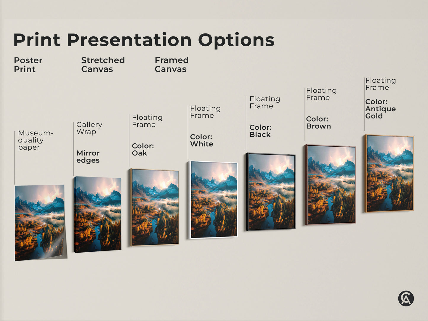 Print presentation options for landscape artwork. See poster prints stretched canvas and framed canvas. Choose from various frame colors including white black brown and antique gold. Find the perfect style to match your decor. Shop now and enhance your home.