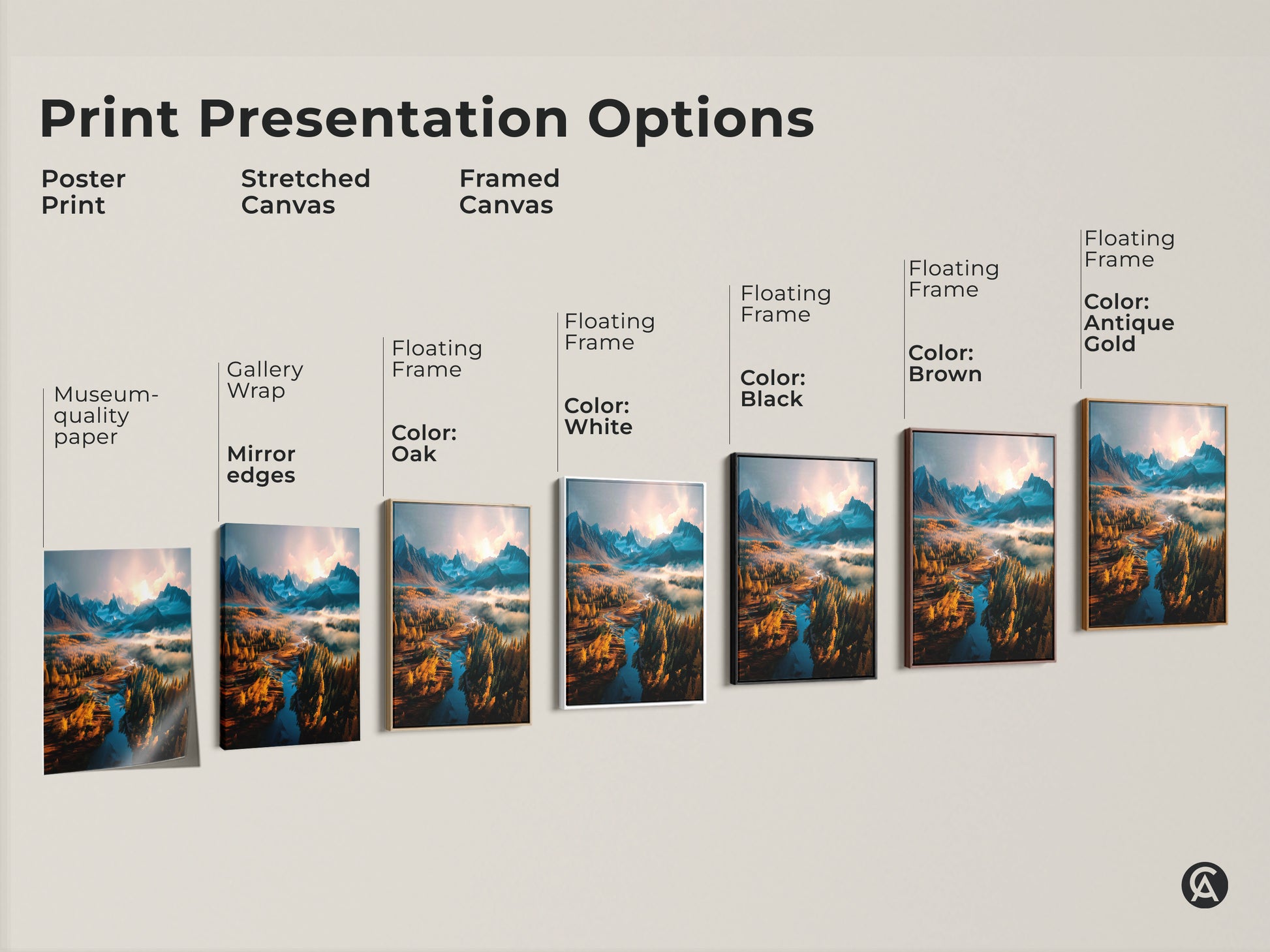 Print presentation options for landscape artwork. See poster prints stretched canvas and framed canvas. Choose from various frame colors including white black brown and antique gold. Find the perfect style to match your decor. Shop now and enhance your home.