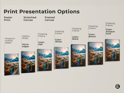 Print presentation options for landscape artwork. See poster prints stretched canvas and framed canvas. Choose from various frame colors including white black brown and antique gold. Find the perfect style to match your decor. Shop now and enhance your home.