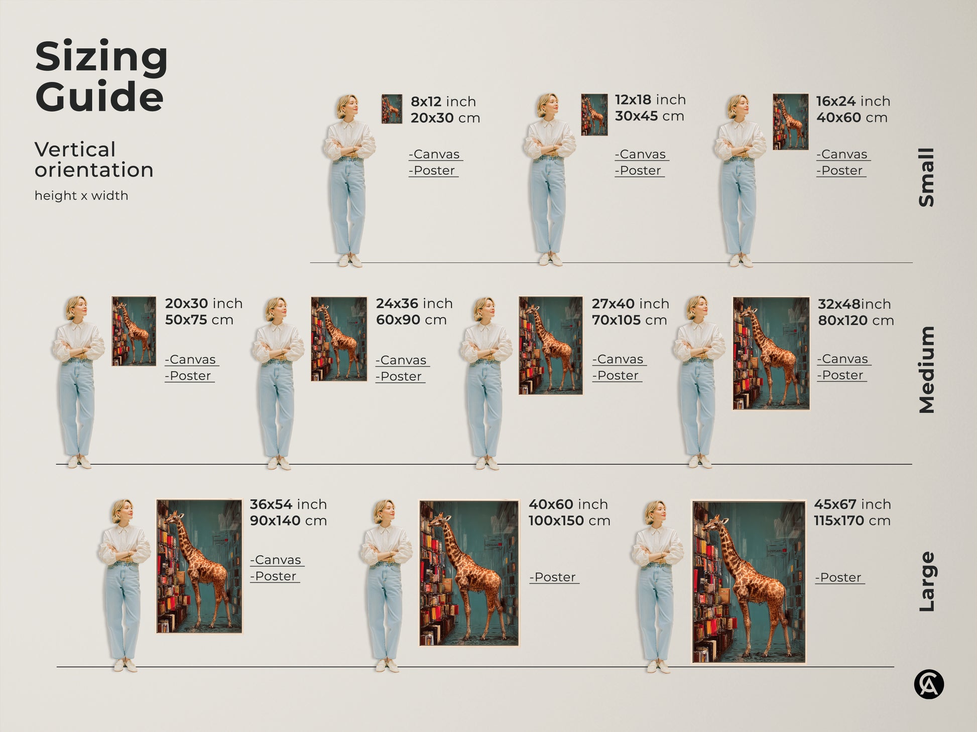 A sizing guide for the giraffe bookshelf artwork showcasing canvas and poster prints. Visualize different vertical orientation sizes to fit your space. Choose the perfect eclectic animal wall art to enhance your study or office.