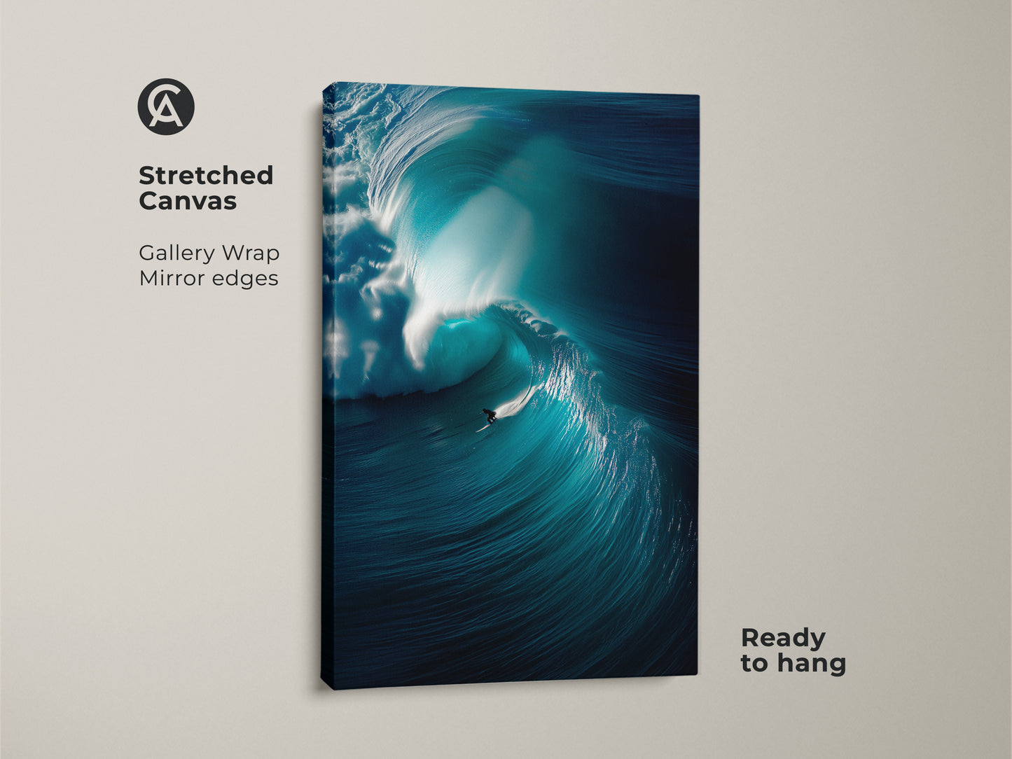 This stretched canvas artwork shows a surfer riding a massive wave. The gallery wrap with mirror edges gives it a clean modern look. It comes ready to hang. This ocean wave art print brings the surf to any room. A great piece for ocean lovers.
