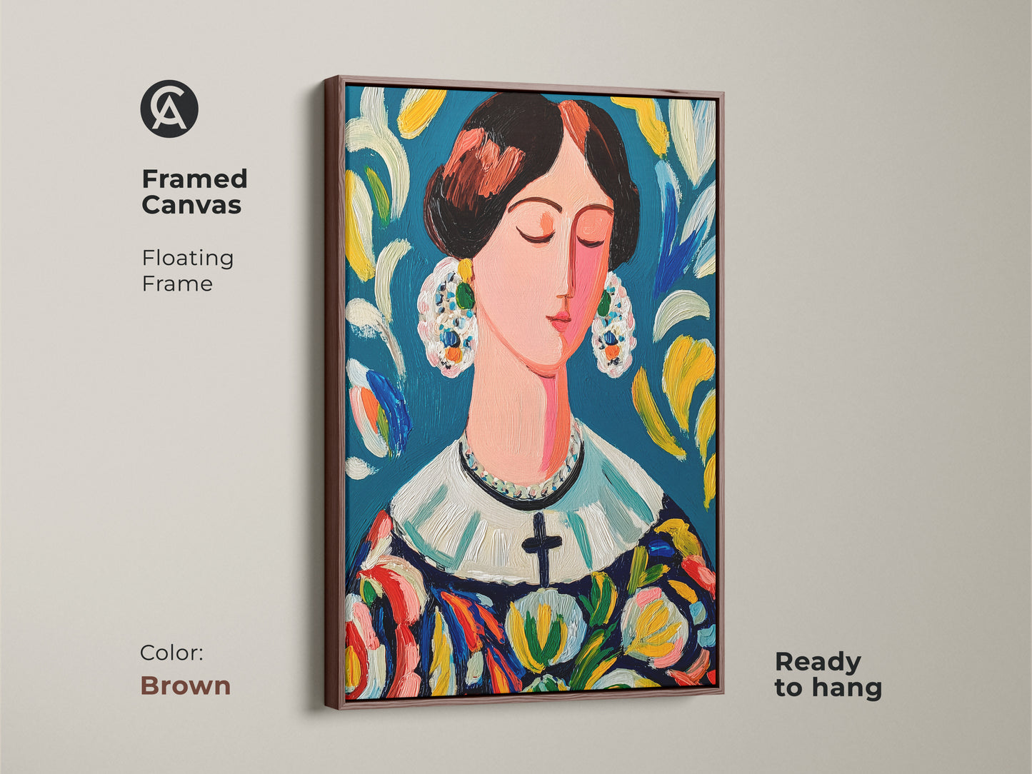 Framed canvas artwork with a floating brown frame. Ready to hang art displaying a peaceful woman. The lady features a colorful dress and ornate earrings. This piece offers a touch of warmth to your decor. Perfect for stylish homes.