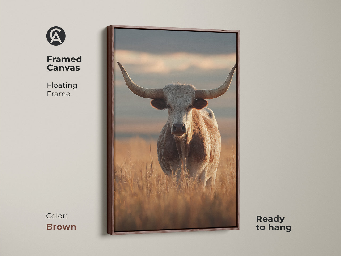 Framed canvas print showcasing a longhorn cattle in a goldenrod field. The brown floating frame complements this farmhouse artwork. It is a rustic animal wall decor that is ready to hang and enjoy.