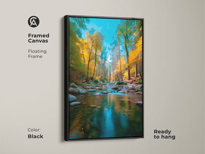 Framed canvas artwork with a black floating frame showcasing an autumn forest river. This ready-to-hang piece brings nature indoors. Perfect for adding a touch of scenic beauty to your home decor.