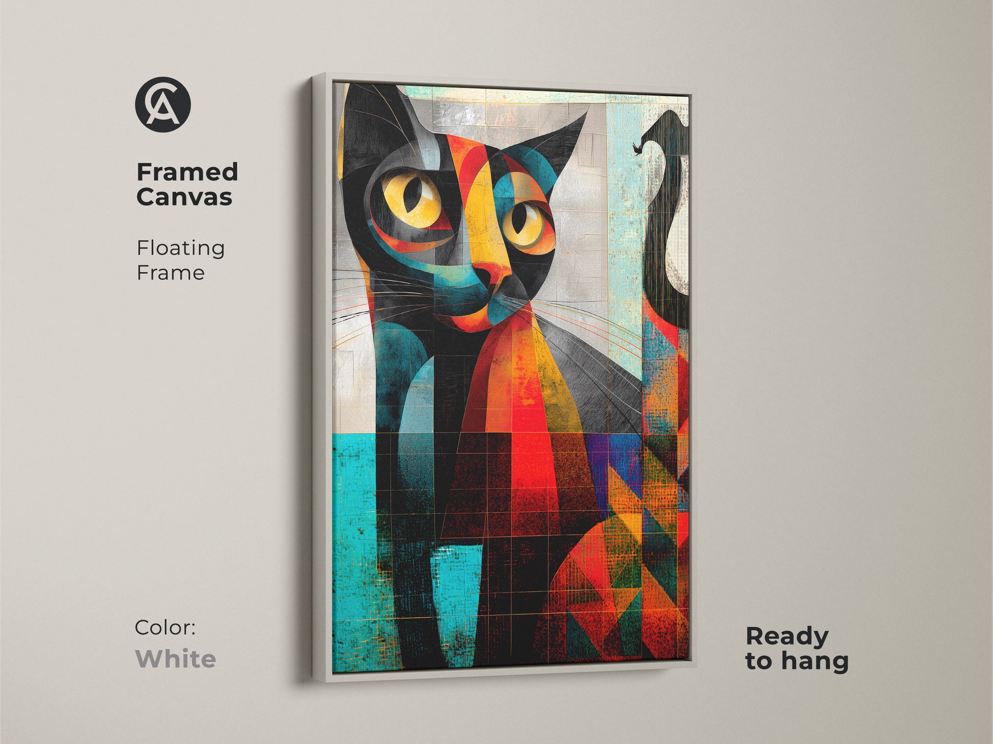 Framed canvas art of an abstract geometric cat in a floating white frame. The contemporary feline art features orange yellow and teal colors. Ready to hang this piece adds a modern touch to any room. Perfect for cat parents and animal art collectors.
