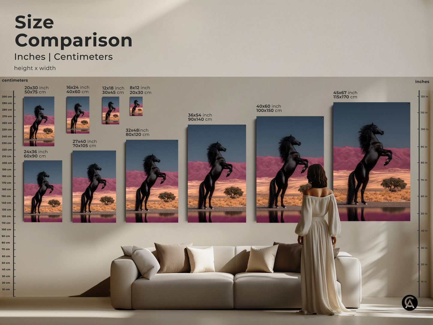 Size Comparison of Rearing Black Horse artwork in inches and centimeters. See how the wildlife wall art decor fits above a sofa. Available in various sizes this eclectic bedroom artwork is a horse lover present. The surreal desert landscape enhances your unique home decor. This fine art horse painting is a powerful animal artwork.