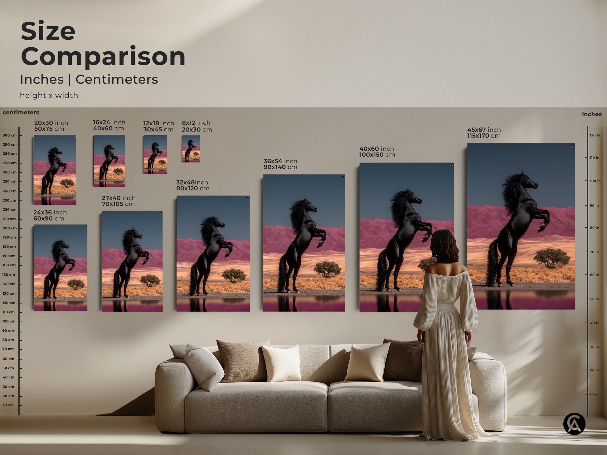Size Comparison of Rearing Black Horse artwork in inches and centimeters. See how the wildlife wall art decor fits above a sofa. Available in various sizes this eclectic bedroom artwork is a horse lover present. The surreal desert landscape enhances your unique home decor. This fine art horse painting is a powerful animal artwork.