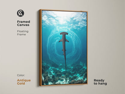 A framed canvas print presents a hammerhead shark swimming through a vibrant coral reef. The antique gold floating frame highlights the aquatic animal. This marine biology art is ready to hang and brings a touch of contemporary elegance to your decor. It's perfect for a study room or office.