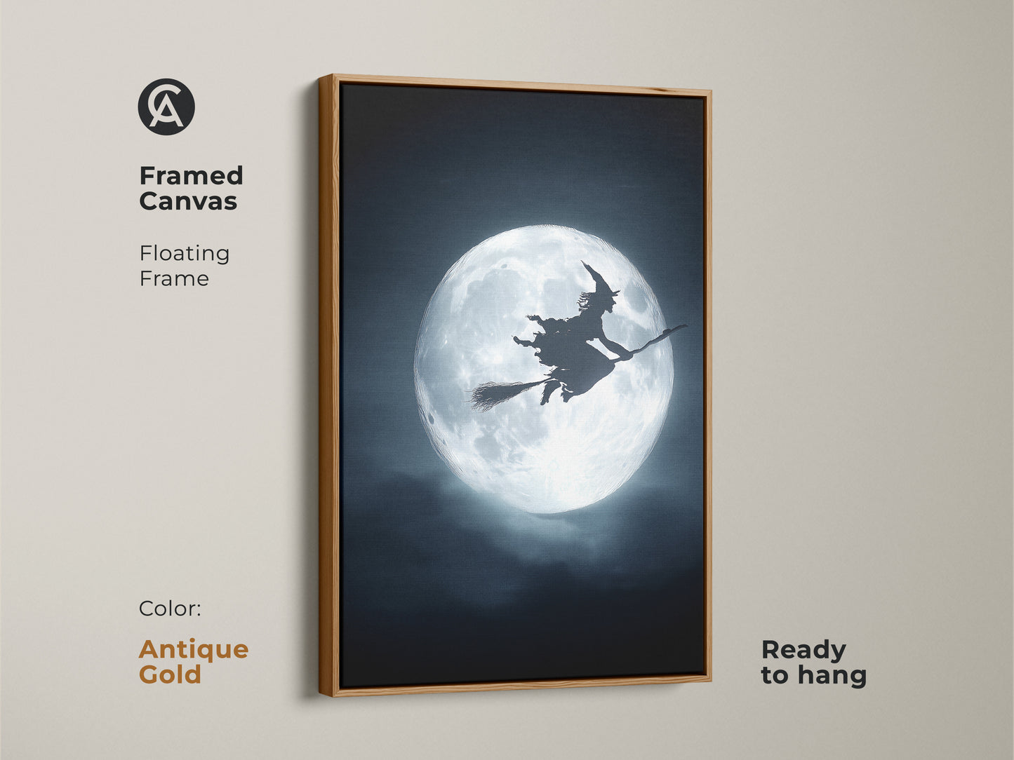 Framed canvas in antique gold showcasing gothic witch wall art. The Halloween witchcraft decor features a witch flying across a full moon. Eclectic fantasy art in dark blue and silver tones adds allure to any space.