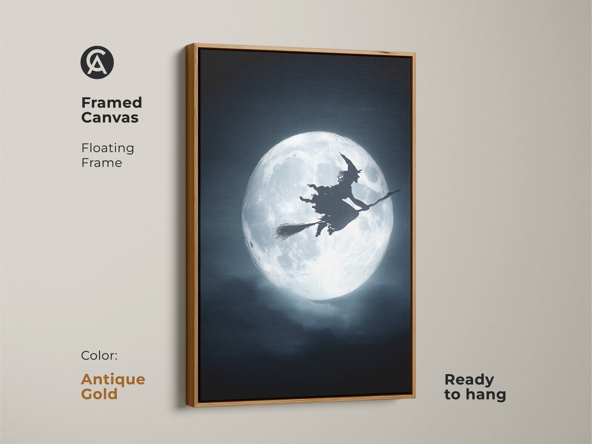 Framed canvas in antique gold showcasing gothic witch wall art. The Halloween witchcraft decor features a witch flying across a full moon. Eclectic fantasy art in dark blue and silver tones adds allure to any space.