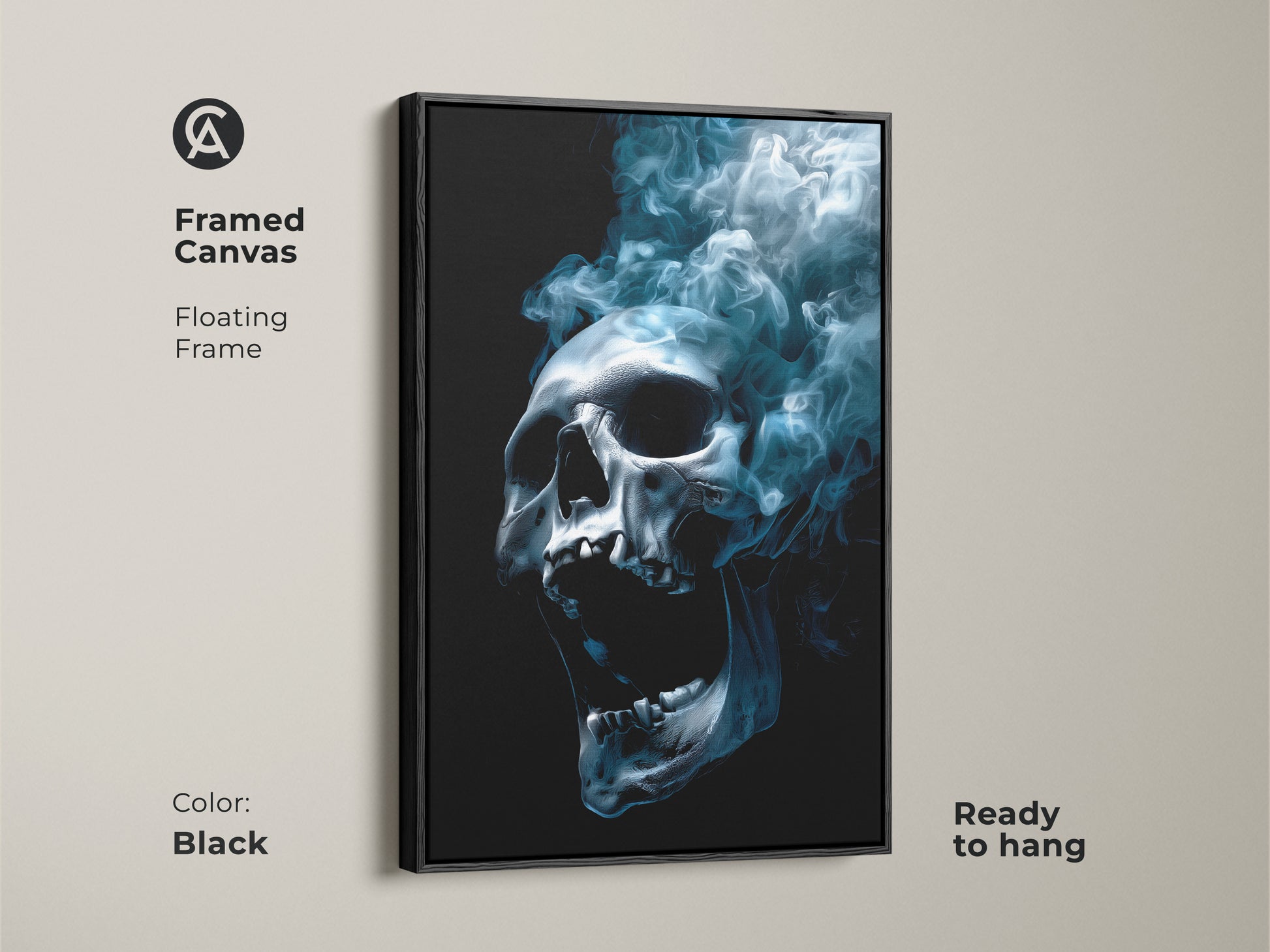 Framed canvas art featuring a skull with smoke. The floating frame is black and the canvas comes ready to hang. This artwork offers a modern and sophisticated look. Enhance your living space with this captivating art.