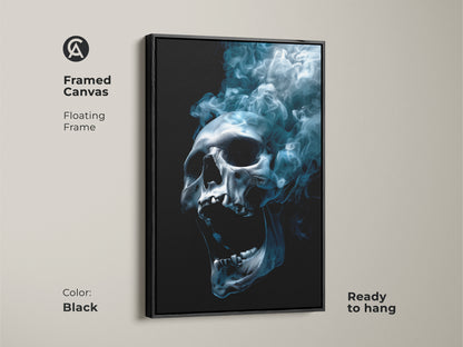 Framed canvas art featuring a skull with smoke. The floating frame is black and the canvas comes ready to hang. This artwork offers a modern and sophisticated look. Enhance your living space with this captivating art.