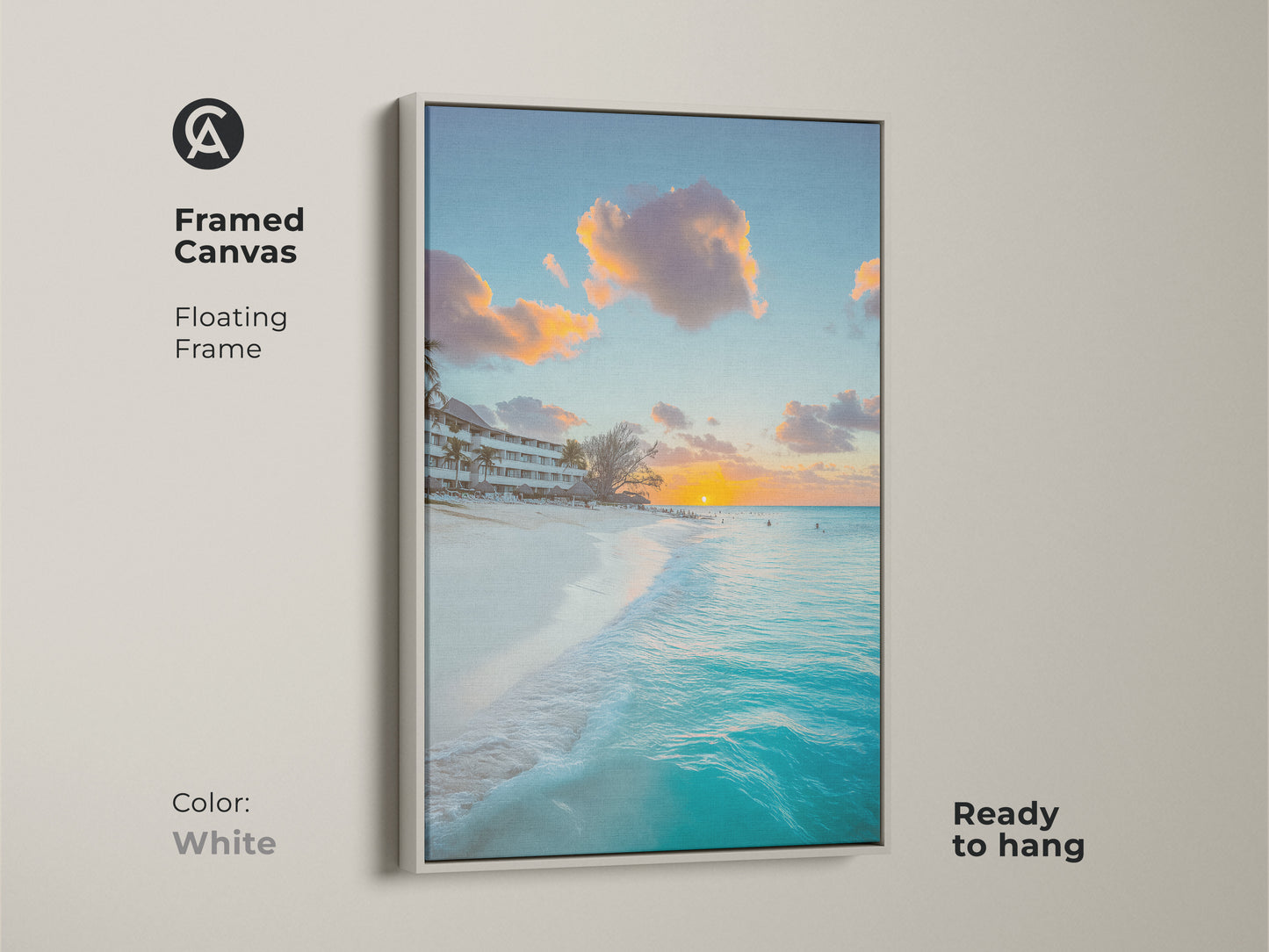 Framed canvas in white displaying a turquoise ocean sunset. Floating frame provides a clean look. Coastal beach wall art is ready to hang. Tropical landscape photography brings summer into your home. Perfect for coastal decor and beach lovers.