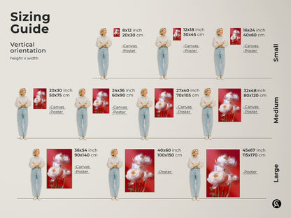 Sizing guide featuring vertical soft focus flower print art. Sizes range from small medium and large options. Choose the ideal dimensions for your white ranunculus canvas art. Discover botanical photography wall art that fits your unique space and elevates your home decor.