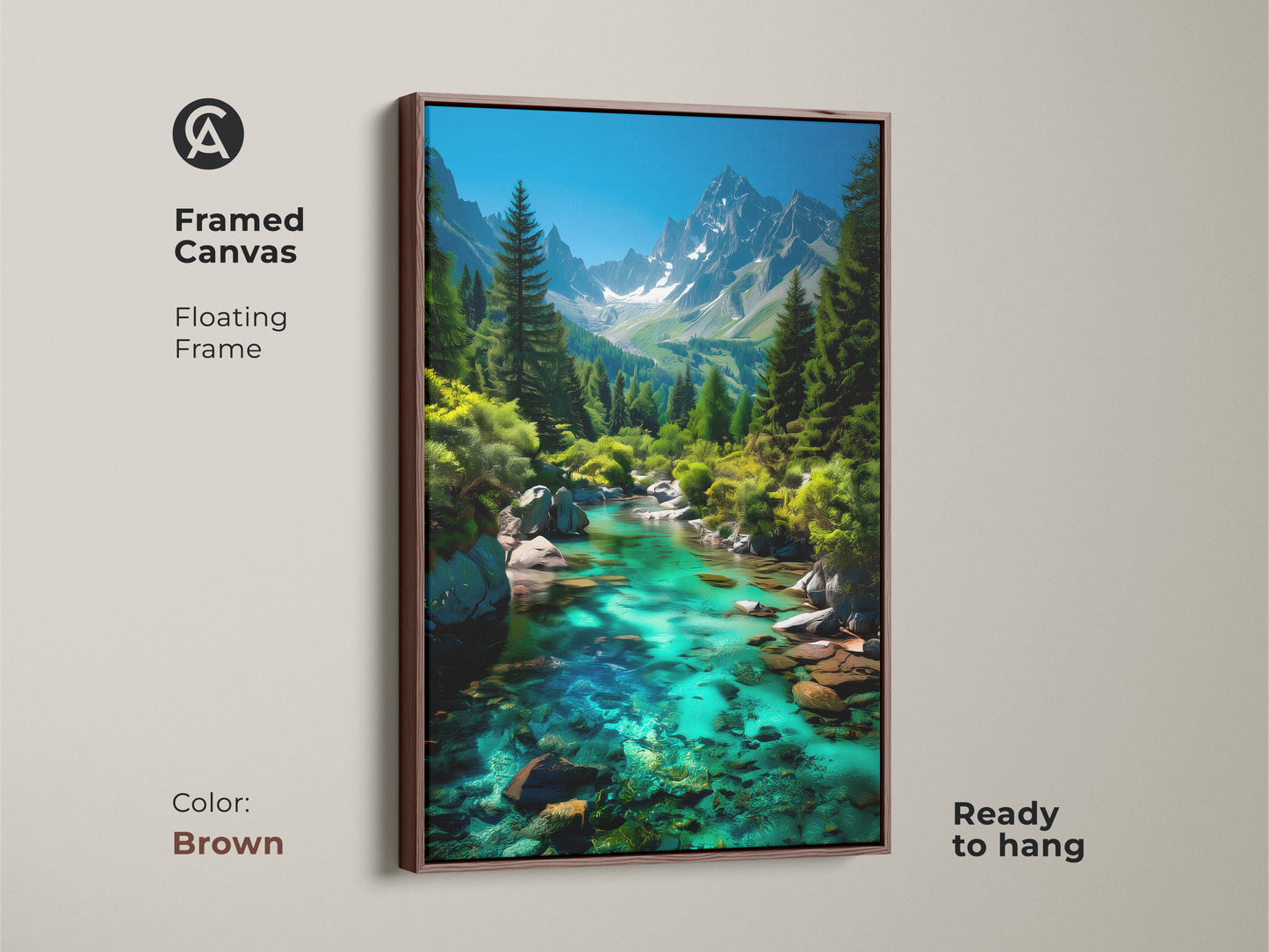 Framed canvas showcasing a turquoise mountain river and pine trees with a brown floating frame. This nature wall art is ready to hang. The rustic home accent brings a tranquil outdoor vista to your living space perfect for nature lovers.