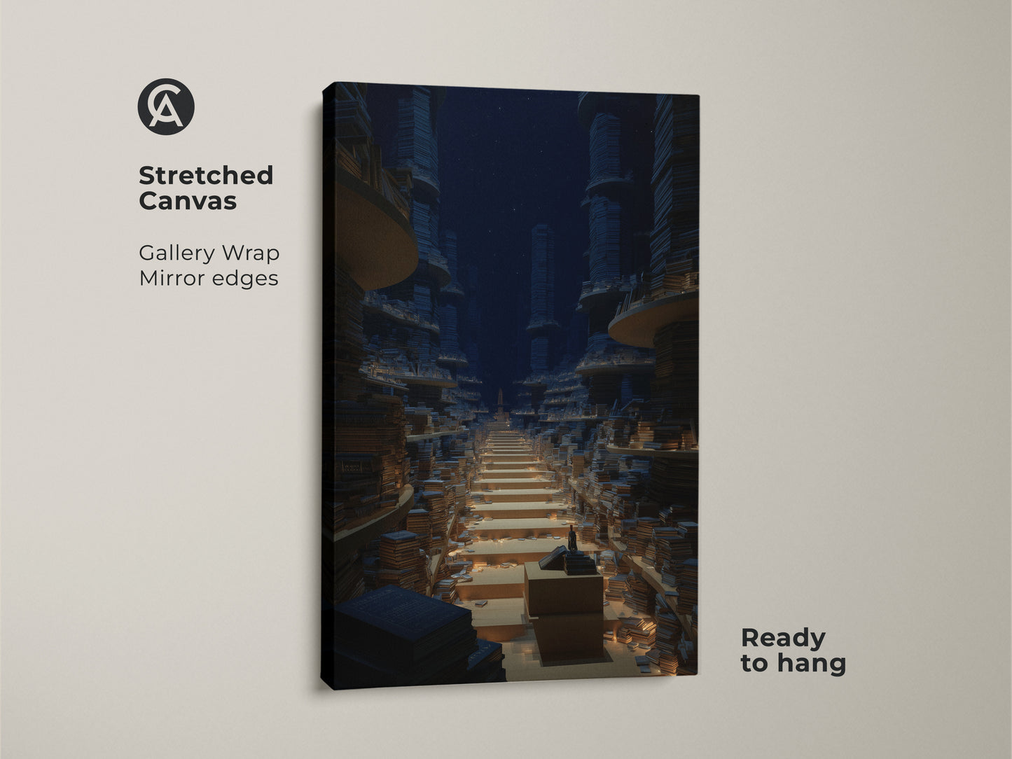 Stretched canvas showcasing a surreal library wall art piece. The endless bookshelf art evokes a sense of fantasy and knowledge. This digital art is perfect for a study or office creating an inspiring environment. A thoughtful gift for a book lover.