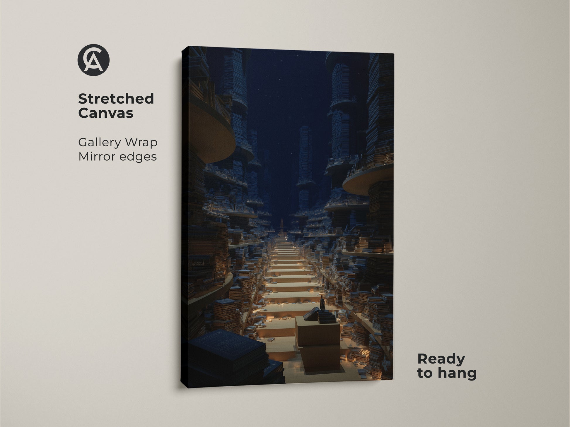 Stretched canvas showcasing a surreal library wall art piece. The endless bookshelf art evokes a sense of fantasy and knowledge. This digital art is perfect for a study or office creating an inspiring environment. A thoughtful gift for a book lover.