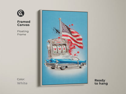 Framed in white this canvas art print features a retro pop art. Classic car a slot machine and the American Flag create a dynamic Americana theme. The floating frame enhances this office art making it ready to hang as man cave decor or eclectic home artwork.