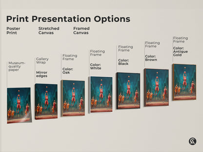 Explore print presentation options for the basketball dunk cathedral art. Options include poster print stretched canvas and framed canvas. Select from floating frame colors like oak white black brown and antique gold.
