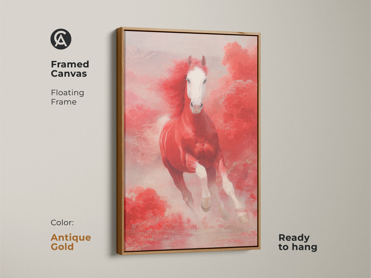 Framed canvas with an antique gold floating frame of a red horse running. This fantasy horse wall art features pink clouds. It's an asian style horse art piece that's ready to hang. The horse lover gift wall decor is powerful and vibrant.
