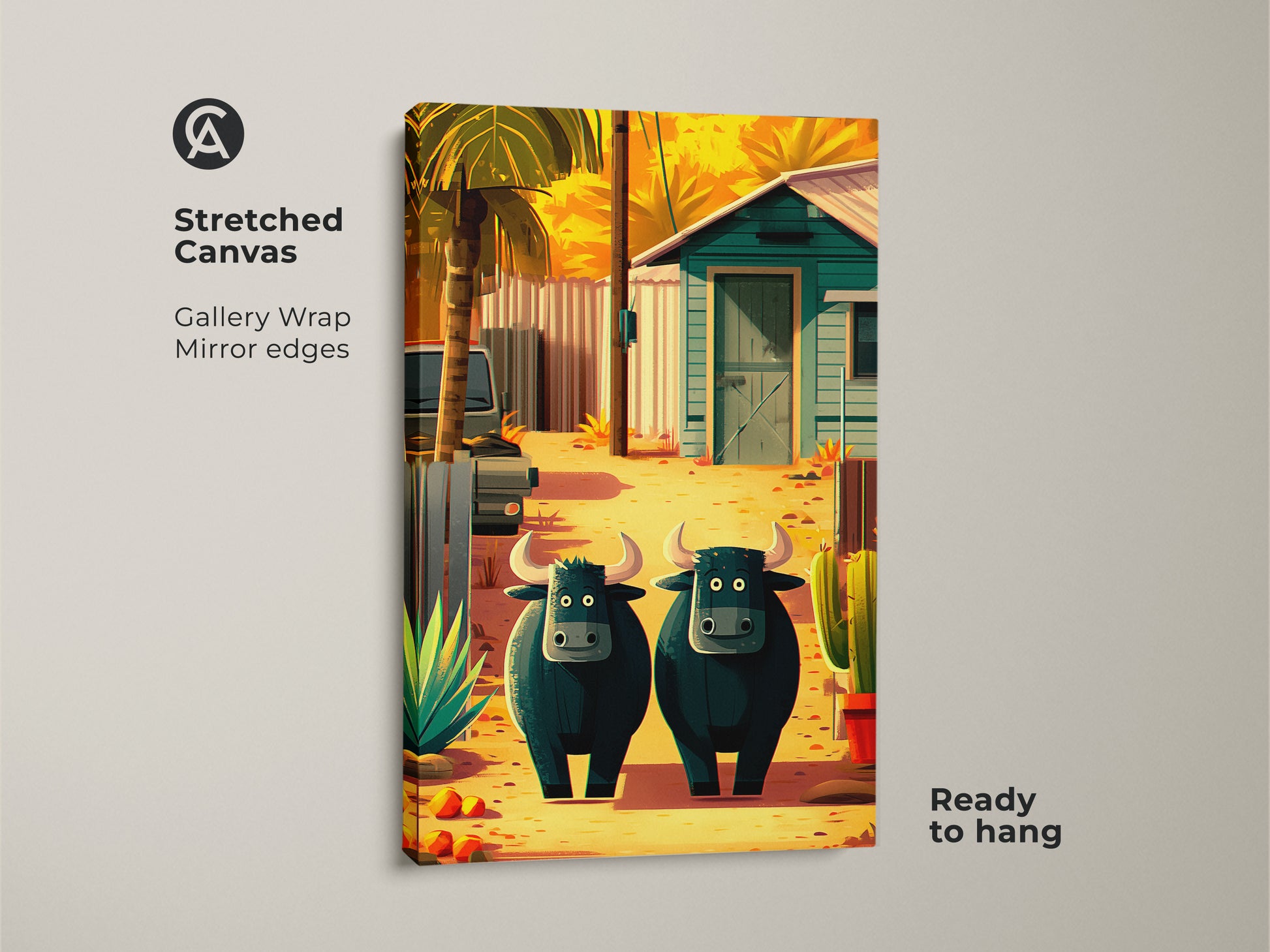 A stretched canvas displays the farmhouse buffalo art print.  The artwork features two cartoon buffalo in a rural setting with cacti. Its gallery wrapped with mirrored edges and ready to hang. Ideal as an eclectic animal art print.