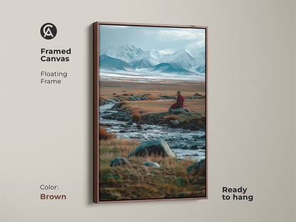 Brown framed canvas art displaying a tranquil mountain landscape. The artwork features a meditating monk by a flowing river. This floating frame is ready to hang. This canvas adds peace to your home.