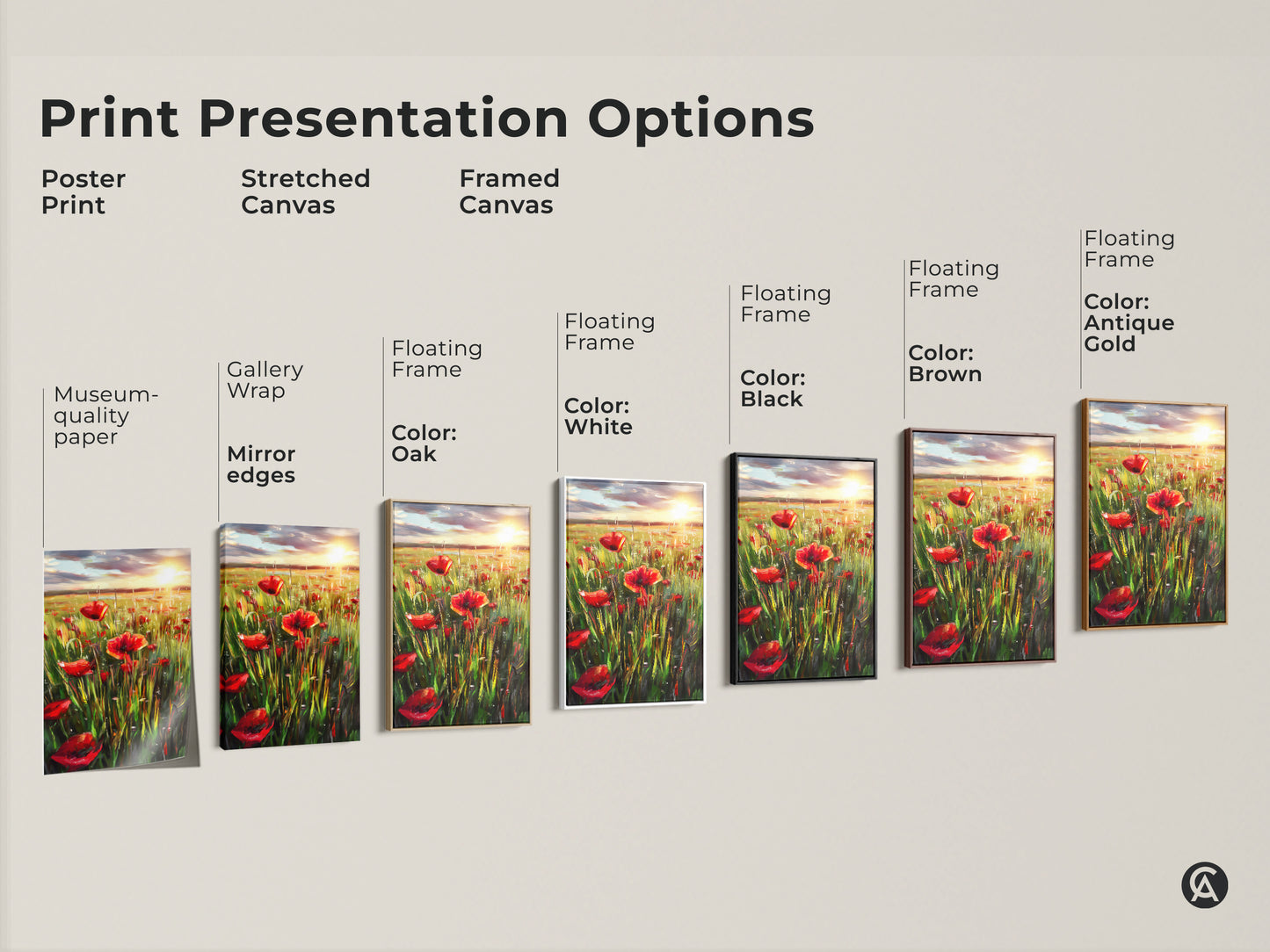 Explore print presentation options for the poppy field artwork. Choose from poster prints stretched canvas or framed canvas. Floating frames are available in oak white black brown and antique gold. Find the perfect style to showcase this impressionist landscape.