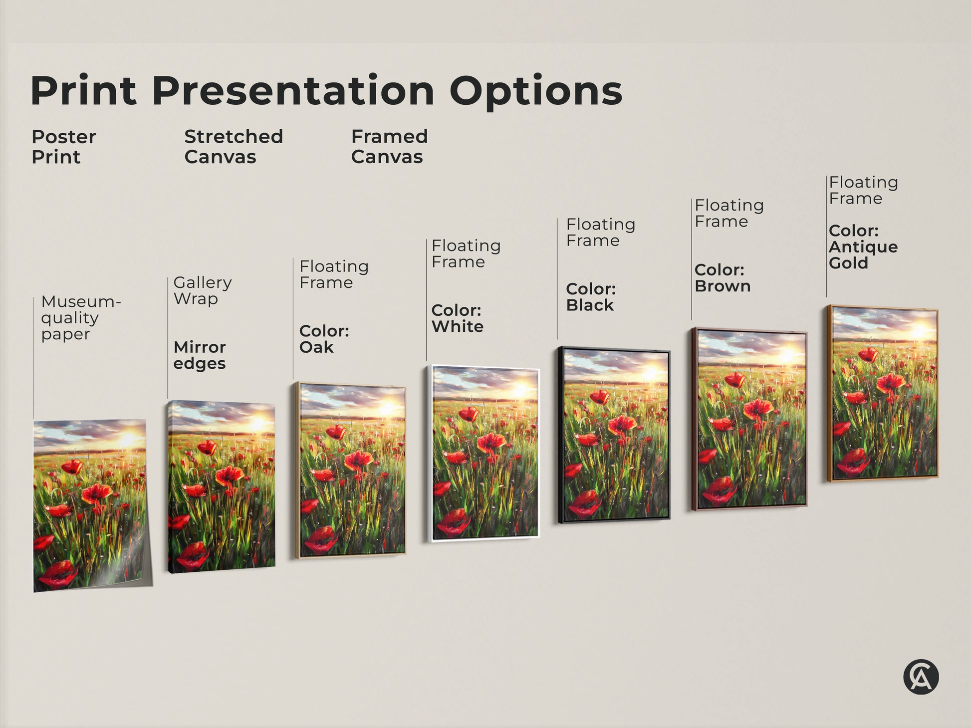 Explore print presentation options for the poppy field artwork. Choose from poster prints stretched canvas or framed canvas. Floating frames are available in oak white black brown and antique gold. Find the perfect style to showcase this impressionist landscape.
