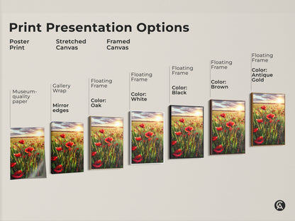 Explore print presentation options for the poppy field artwork. Choose from poster prints stretched canvas or framed canvas. Floating frames are available in oak white black brown and antique gold. Find the perfect style to showcase this impressionist landscape.