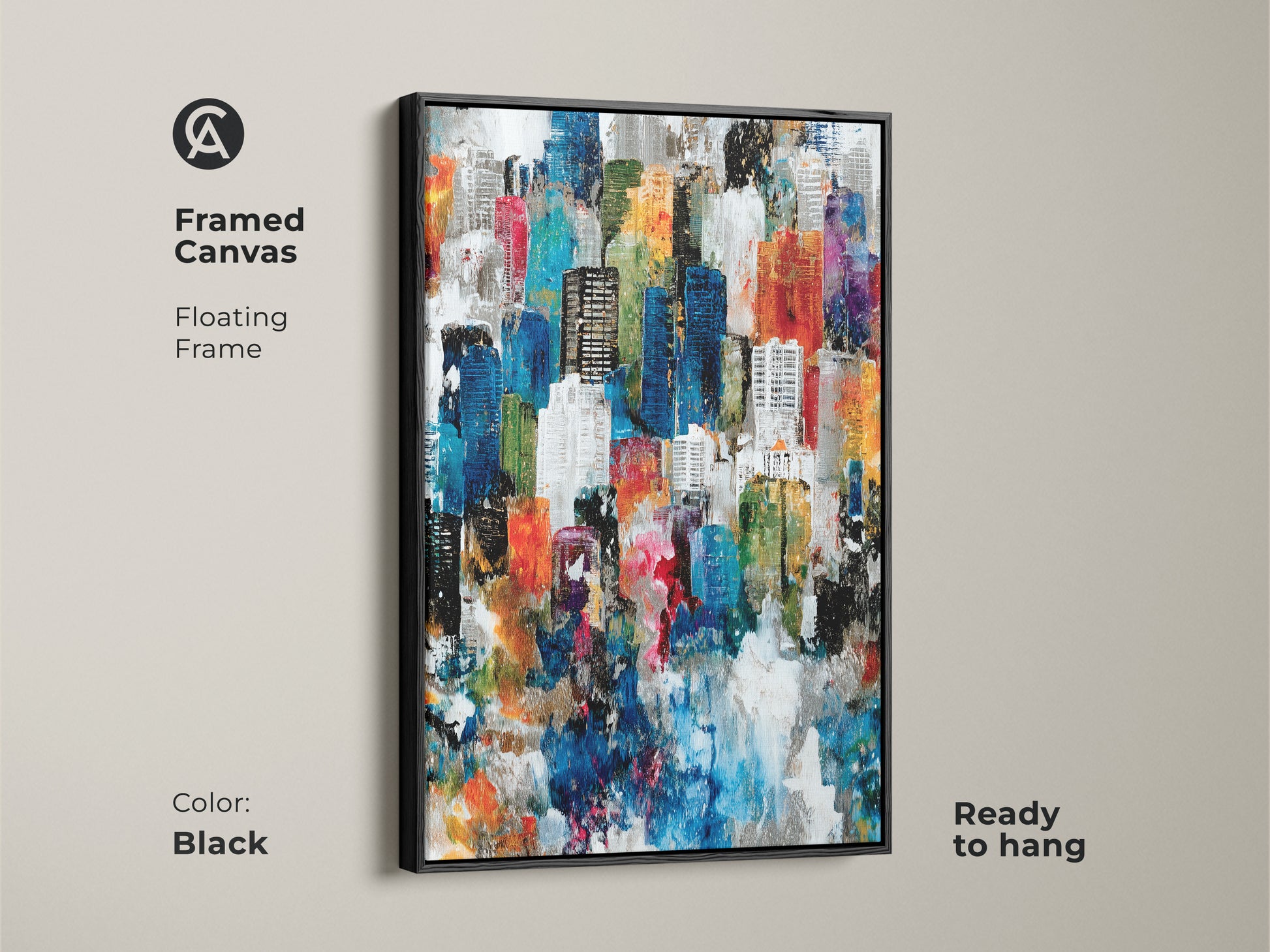 Framed canvas featuring an abstract cityscape with a black floating frame. The colorful artwork is ready to hang. This adds a modern artistic touch to any interior. The floating frame enhances the painting's depth.