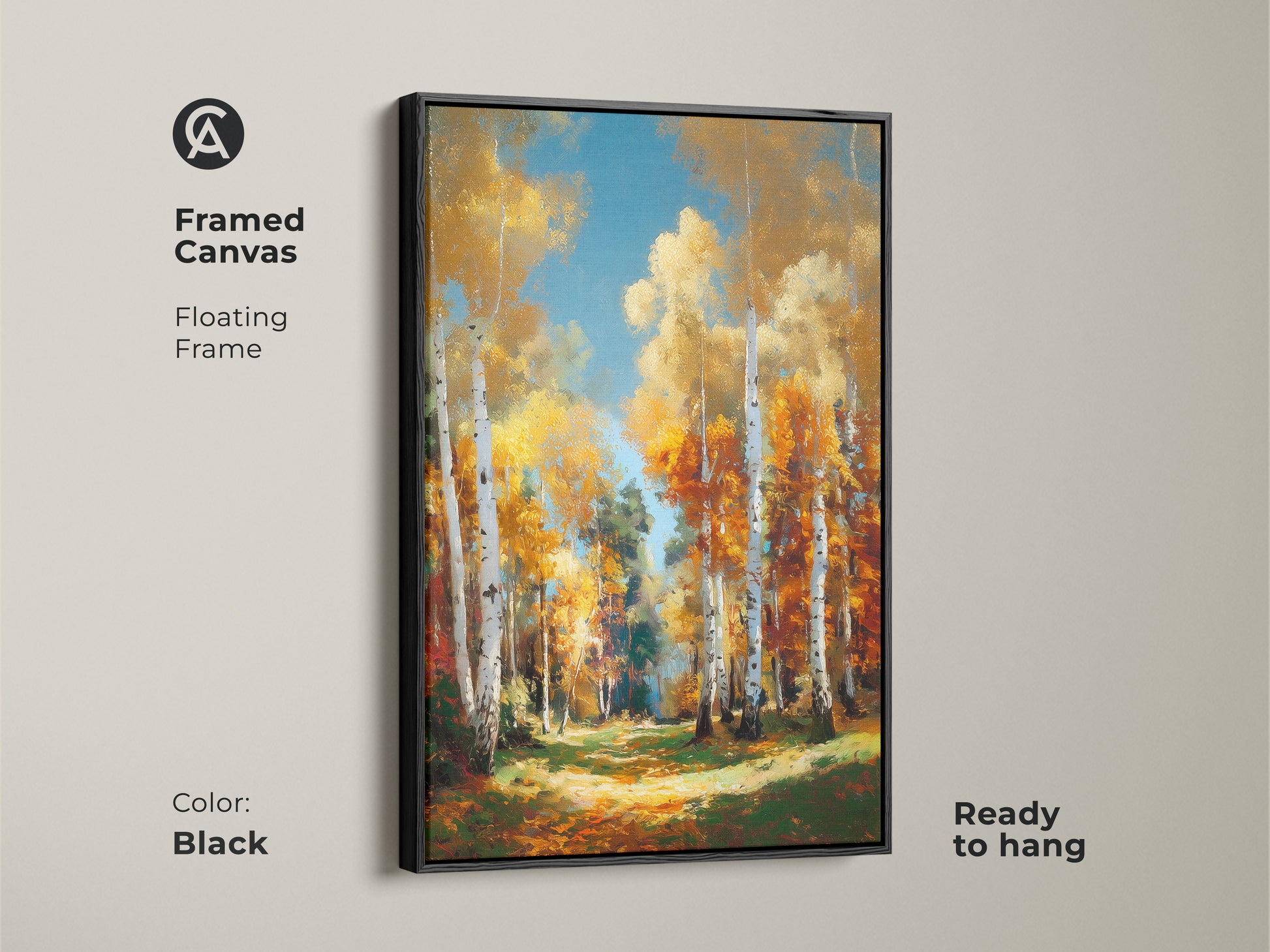 Black framed canvas artwork of a birch tree forest in autumn. The floating frame adds elegance. This wall art is ready to hang. Enhance your space with this fine art piece today
