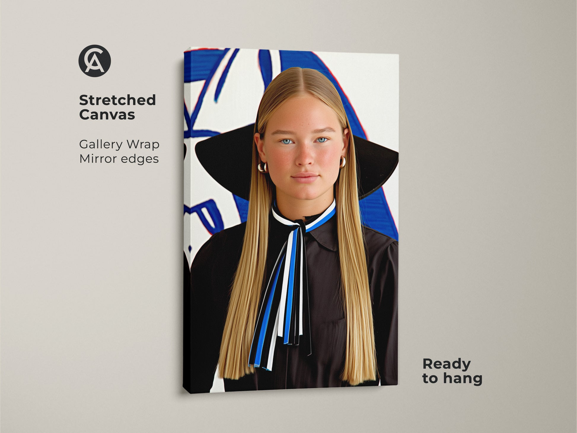 Stretched Canvas print of a modern woman. Abstract artwork uses blue white and black colors.  A fashionable portrait enhances bedroom decor. This contemporary art piece is gallery wrapped with mirrored edges. It adds a stylish touch to any wall.  It is ready to hang.