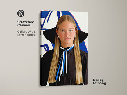 Stretched Canvas print of a modern woman. Abstract artwork uses blue white and black colors.  A fashionable portrait enhances bedroom decor. This contemporary art piece is gallery wrapped with mirrored edges. It adds a stylish touch to any wall.  It is ready to hang.