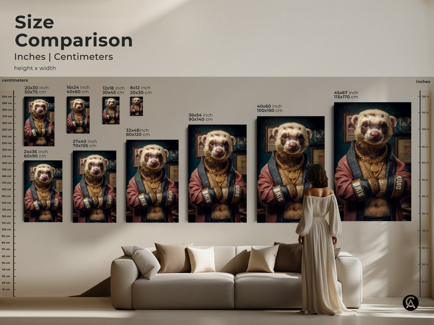 A size comparison guide for the ferret boxer art print. View inches and centimeters for height x width options. See how the artwork complements a living room setting. Sizes range to fit various spaces with this unique animal portrait. Find the ideal dimensions for your home.
