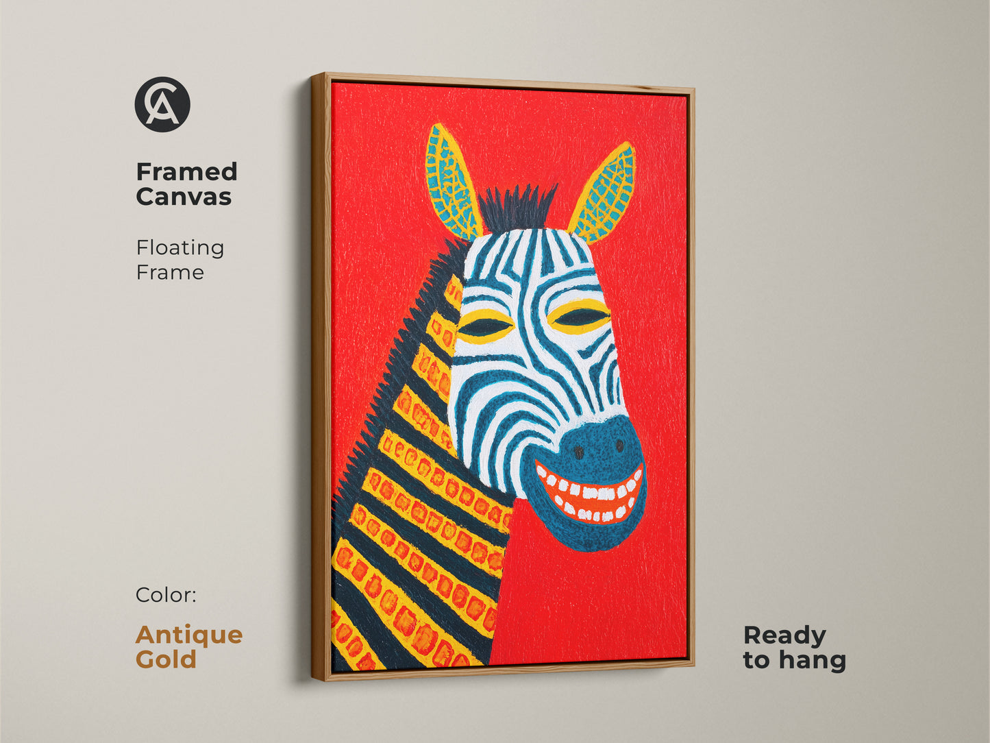 This antique gold framed canvas displays an abstract zebra artwork. It is a folk art nursery print that's ready to hang. Add a unique animal artwork to your kids room. This red blue and yellow canvas is an eclectic home gift. Perfect for animal lovers