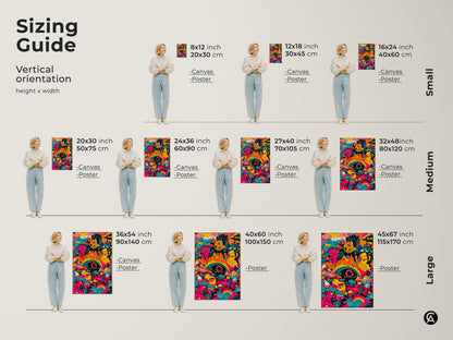Sizing guide for psychedelic monster art. Visualize vertical orientation with height x width dimensions. Available in small medium and large sizes for canvas and poster prints. Find the perfect fit for your space with this unique artwork.