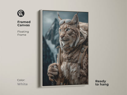 Framed canvas in white featuring rustic Lynx artwork. The photorealistic lynx is ready to hang. It is dressed for outdoor adventure. Complete with a backpack and goggles. Displayed against a backdrop of majestic mountains. The tan brown teal wildlife artwork is great for the office and home.