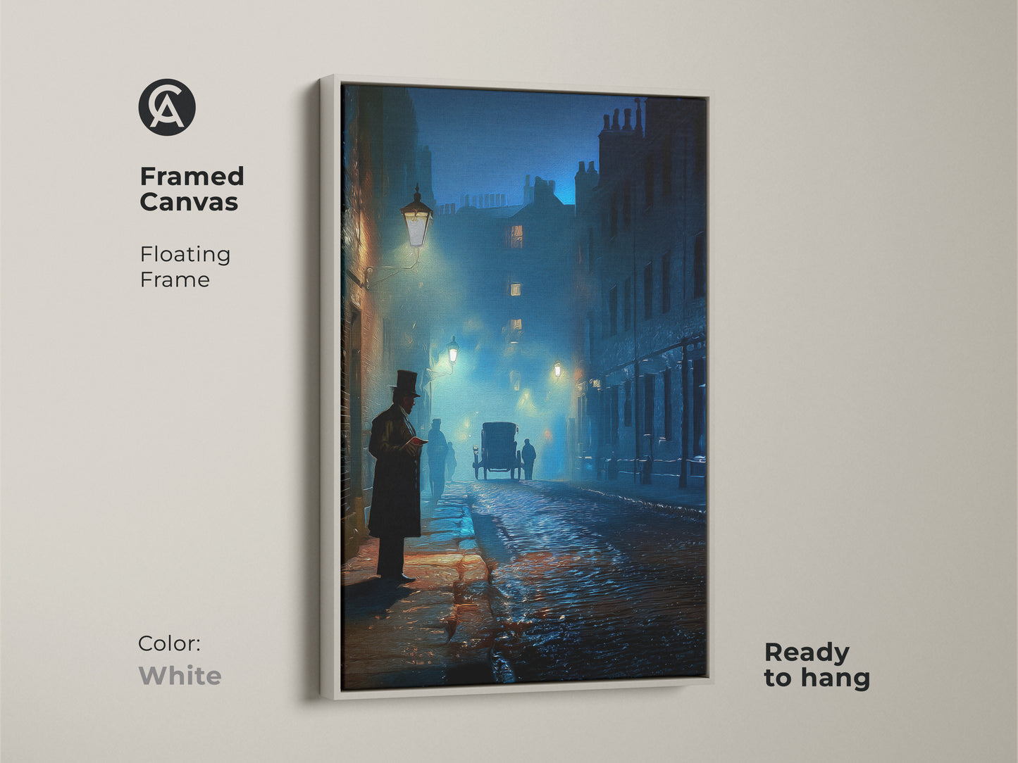 Framed canvas featuring a Victorian street with a white floating frame. The artwork shows a horse-drawn carriage in navy teal blue tones. Perfect for a gothic dark academia aesthetic. Ready to hang in your study or office. Vintage urban life painting.