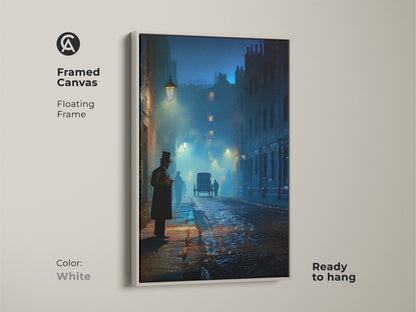Framed canvas featuring a Victorian street with a white floating frame. The artwork shows a horse-drawn carriage in navy teal blue tones. Perfect for a gothic dark academia aesthetic. Ready to hang in your study or office. Vintage urban life painting.