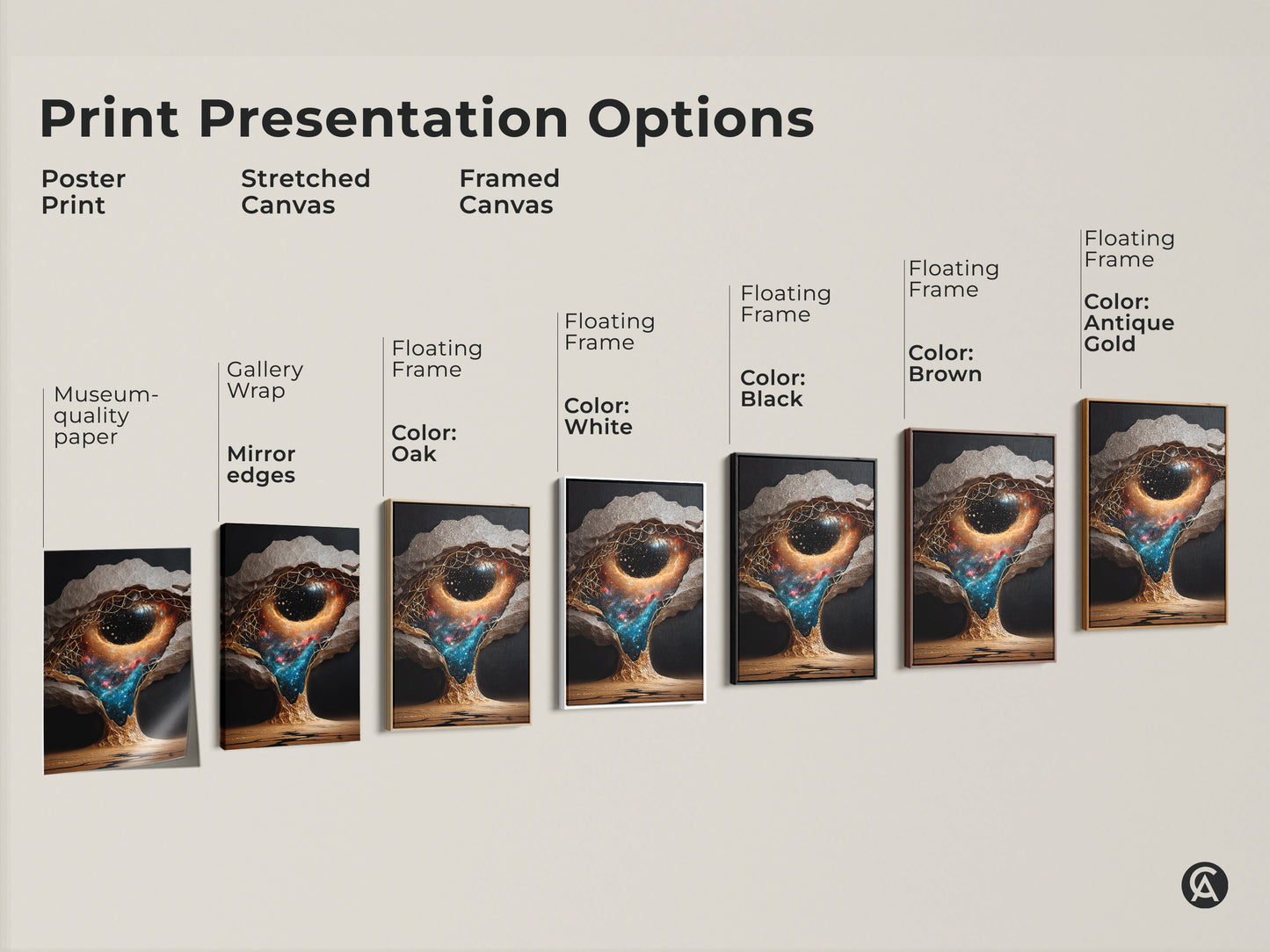 Explore print presentation options for abstract nebula wall art. Choose poster print stretched canvas or framed canvas. Each option enhances the surreal galaxy canvas print. Perfect for adding fantasy bedroom decor