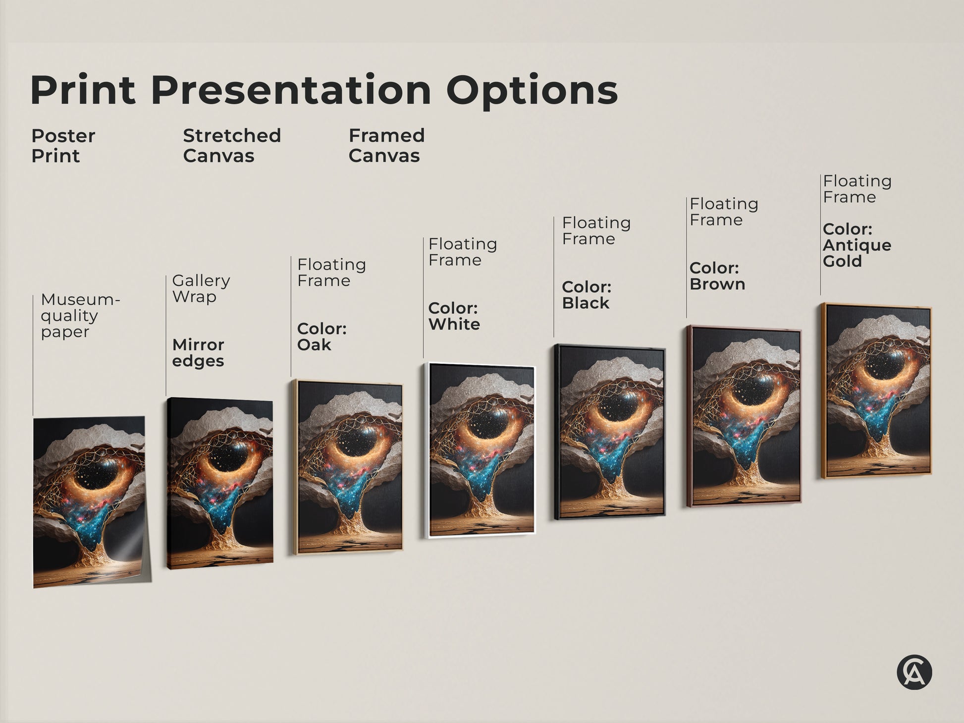 Explore print presentation options for abstract nebula wall art. Choose poster print stretched canvas or framed canvas. Each option enhances the surreal galaxy canvas print. Perfect for adding fantasy bedroom decor