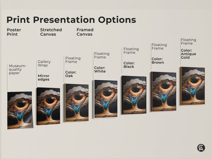 Explore print presentation options for abstract nebula wall art. Choose poster print stretched canvas or framed canvas. Each option enhances the surreal galaxy canvas print. Perfect for adding fantasy bedroom decor
