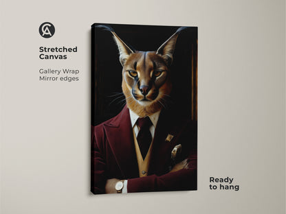 Renaissance Cat Portrait Caracal Wall Art. This stretched canvas is ready to hang. The animal lover gift showcases a dapper cat print. The burgundy tuxedo art is perfect for eclectic home decor and office wall art. It adds luxury wall decor and is inspired by vintage animal art.