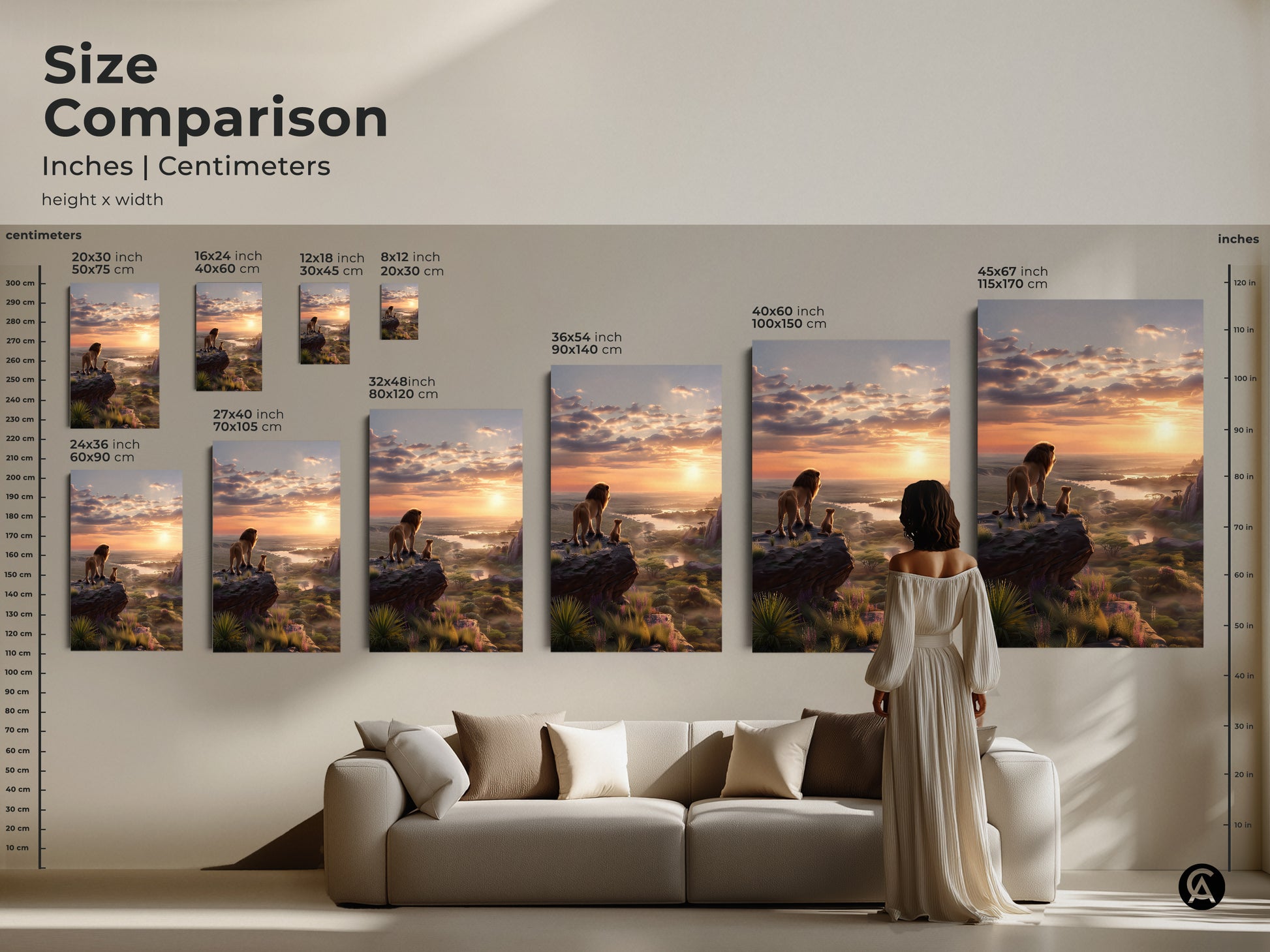 Size comparison of lion and cub art prints in inches and centimeters. See how different sizes look above a sofa. This golden hour landscape canvas transforms your living space. The wildlife nursery decor adds warmth and charm. Discover the perfect scale for your nature inspired art.