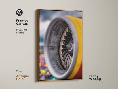 Antique Gold floating frame highlights the silver yellow and red abstract elements of the jet engine art print. This aviation-themed artwork is ready to hang. It brings a sense of power and technology to any room. The perfect conversation starter.