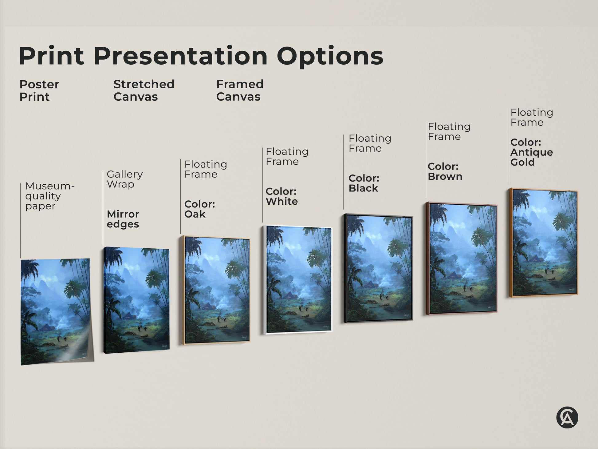Explore print presentation options for tropical art. Choose from poster prints stretched canvas and framed canvas. Museum-quality paper and gallery wrap styles available. Floating frame colors include white black brown and antique gold. Find the perfect serene landscape for your space.