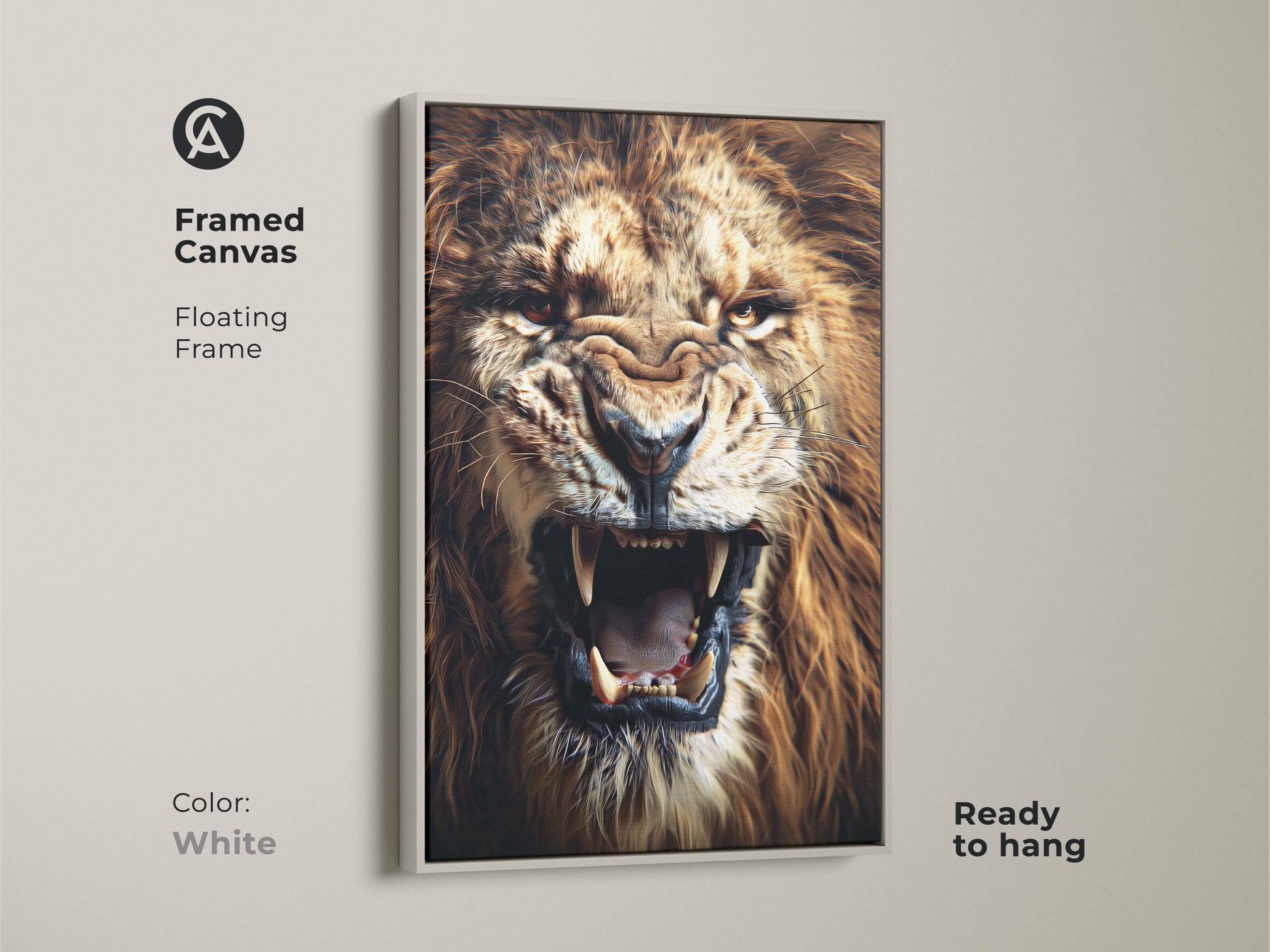 This framed canvas art of a roaring lion features a floating frame in white. This ready-to-hang artwork captures the intensity of the King of the Jungle. The fierce animal artwork is a bold animal print for modern homes.
